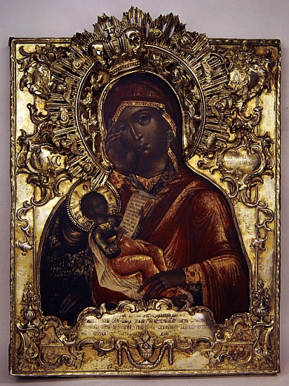 Virgin and Child (oil on panel with gold frame) from Russian School