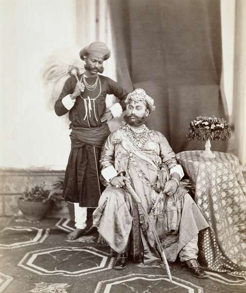 His Highness Maharaja Tukoji Rao (1844-86) II of Indore and attendant, 1877 (albumen print)  from S. Bourne