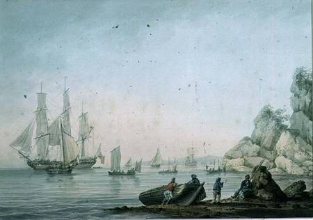Marine View, with boat and figures on a shore from Samuel Atkins