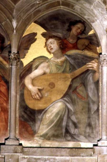 Musical angel within a trompe l'oeil cloister, detail of an angel playing a mandolin, from the inter from Santi di Tito