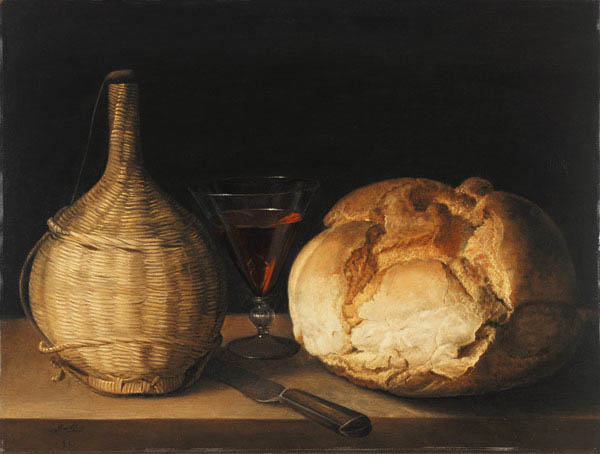 Stillleben mit Korbflasche, Kelchglas und Brot. from Sebastian Stosskopf