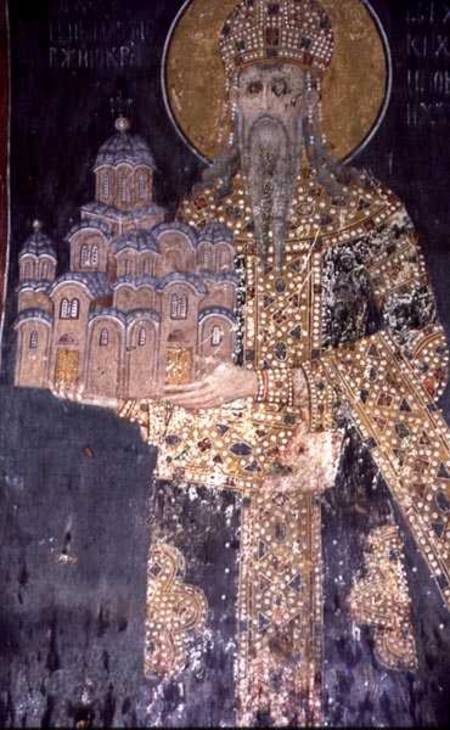 King Stephen Uros II Milutin (r.1282-1321) with a model of the church from Serbian School