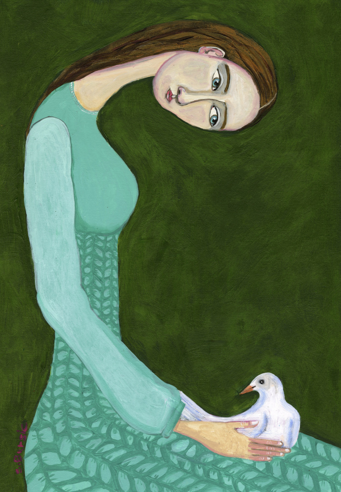 Dame sitzt mit weißer Taubenvogelfrau from Sharyn Bursic