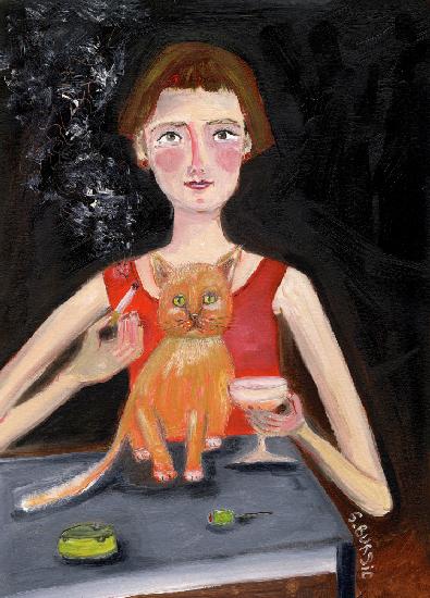 Vintage-Frau mit Cocktail und Katze