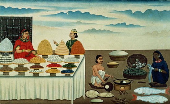 Fish seller, sweetmeat maker and sellers with their wares, Patna, c.1870 from Shiva Dayal Lal