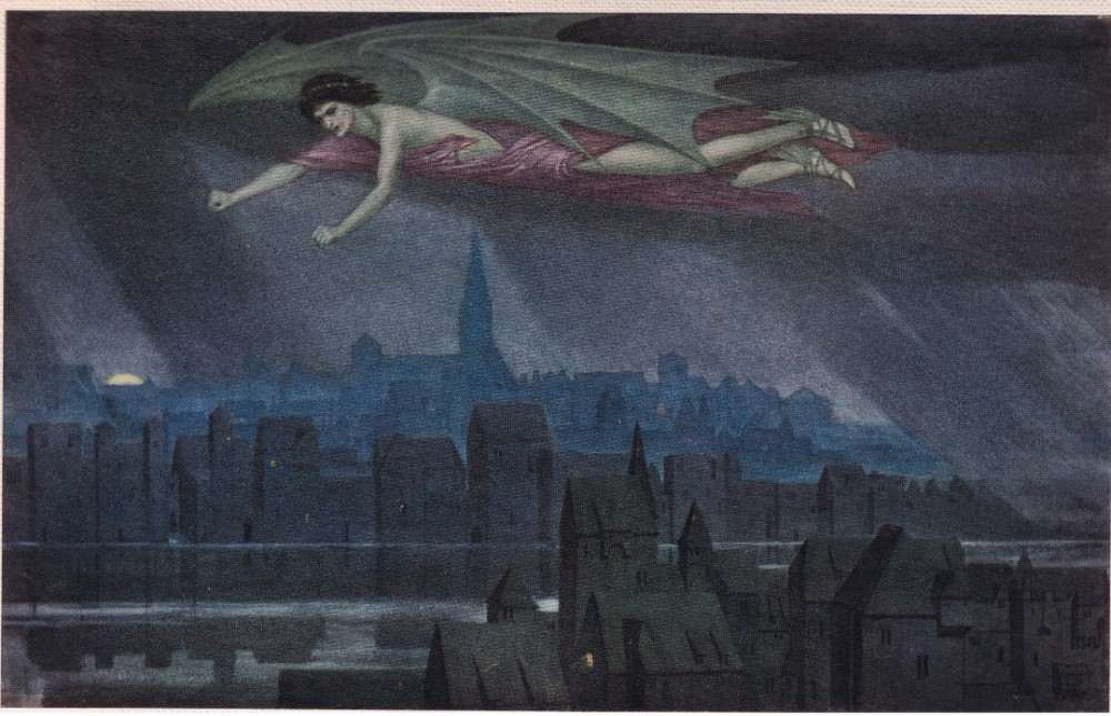 Lucifer flying over the city. Sleep, sleep, o city! Till the light wake you to sin and crime again. from Sidney Meteyard