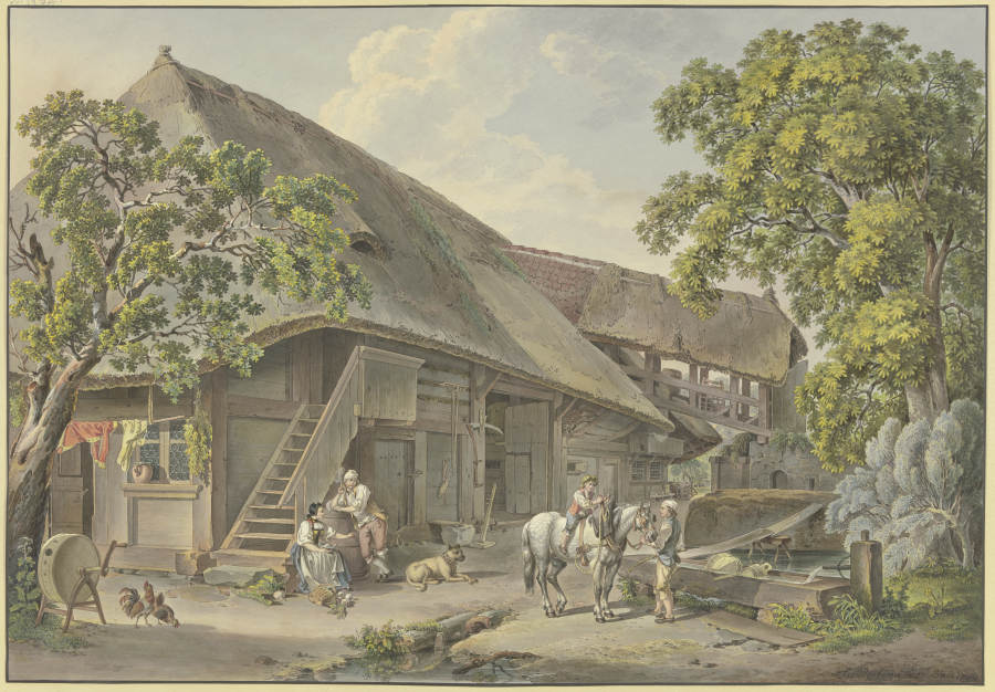 Schweizerhaus, am Brunnen Bauer mit einem Schimmel, auf dem ein Knabe reitet from Sigmund Freudenberger