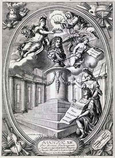 Dedicatory engraving to Gottfried Finger from Simon II Gribelin
