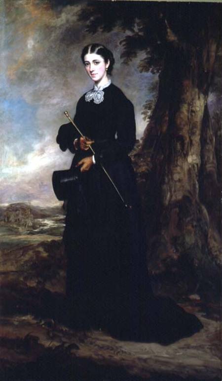 Young woman wearing a black riding habit and standing in a landscape from Sir Francis Grant