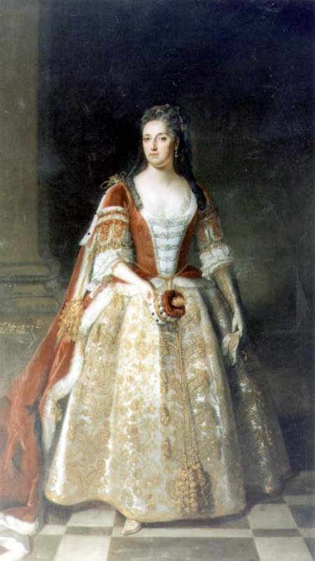 Portrait of Angelina Magdalena (c.1666-1736), second wife of 1st Viscount St. John in coronation rob from Sir Godfrey Kneller