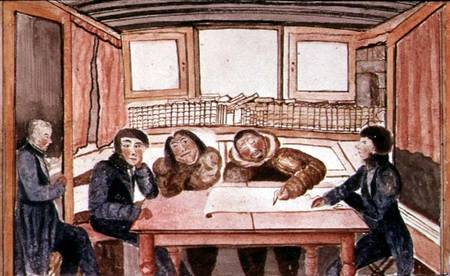 Two eskimos, Ikmalik and Apelaglui sketching the coast of King William Island on board the `Victory' from Sir John Ross