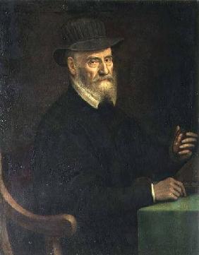 Portrait of Giulio Clovio (1498-1578), miniature artist, holding a miniature thought to be of the ar