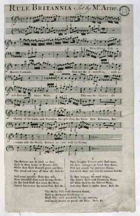 'Rule Britannia' from song sheet Thomas Arne