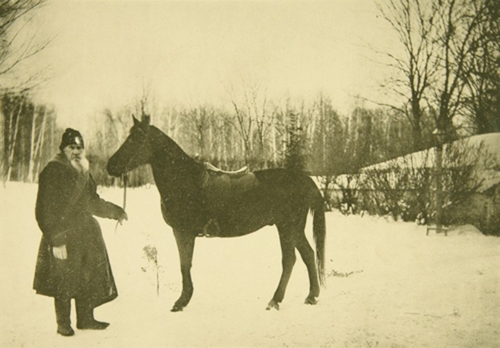 Leo Tolstoy with a Horse in Yasnaya Polyana from Sophia Andreevna Tolstaya