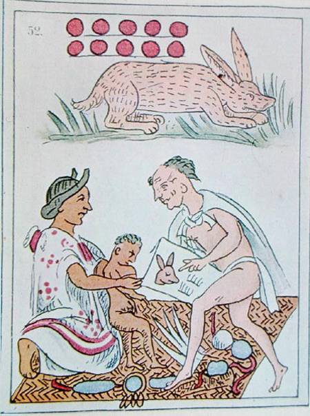 Facsimile of a page of an historical Florentine codex depicting a mother listening predictions about from Spanish  Colonial