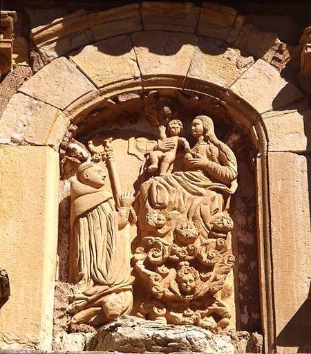 Madonna and Child with a Cistercian Monk, detail from the facade of the monastery founded in 1194 an from Spanish School