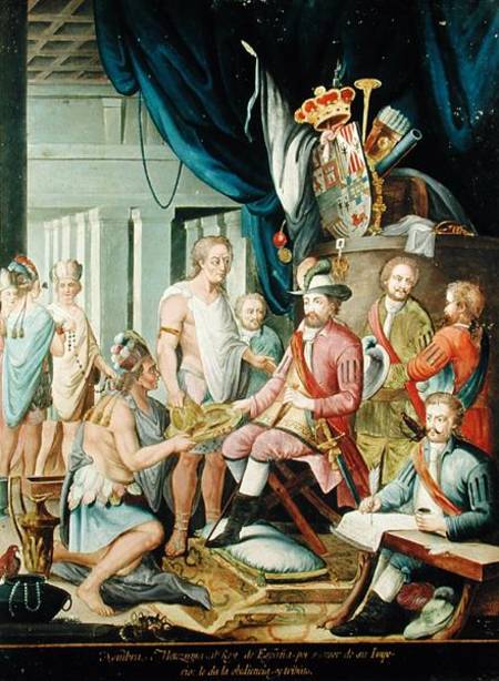 Montezuma Declares his Allegiance to the King of Spain before Cortes from Spanish School