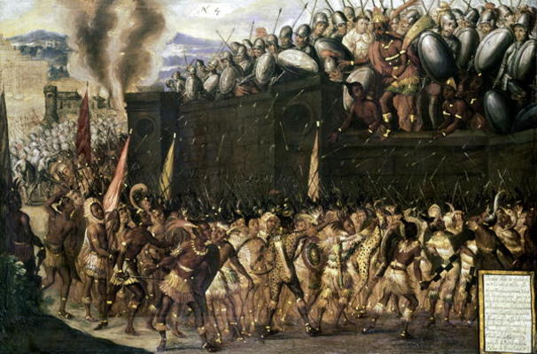 Montezuma (1466-1547), captured by the Spaniards, pleads with the Aztecs to surrender as they attack from Spanish School, (16th century)