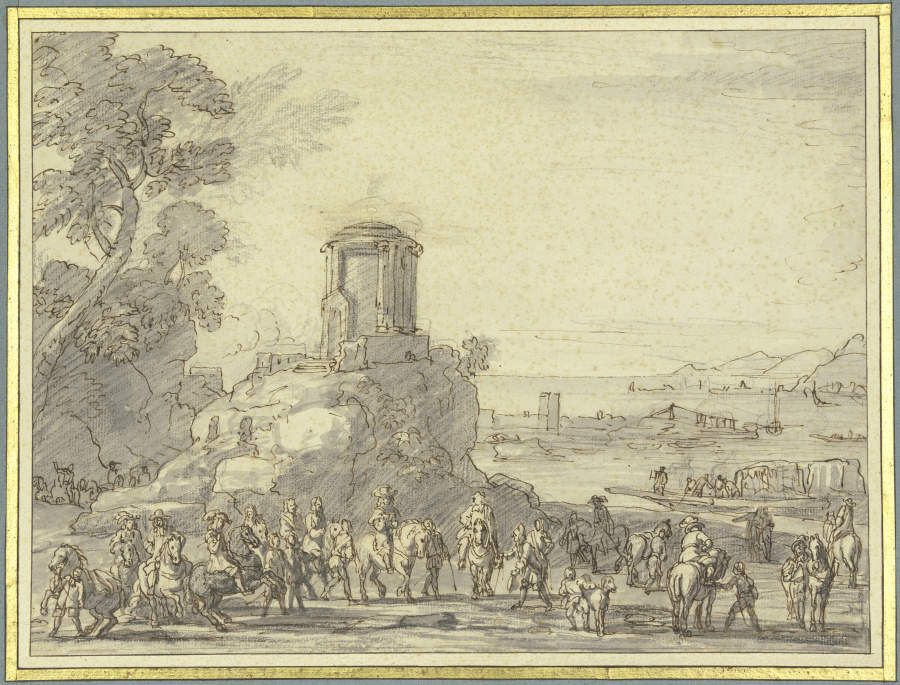 Antiker Tempel am Meeresstrand, vorne viele Kavaliere zu Pferde from Stefano della Bella