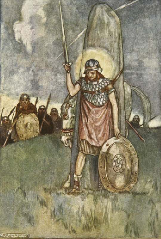 Cuchulain comes at last to his death, illustration from Cuchulain, The Hound of Ulster, by Eleanor H from Stephen Reid