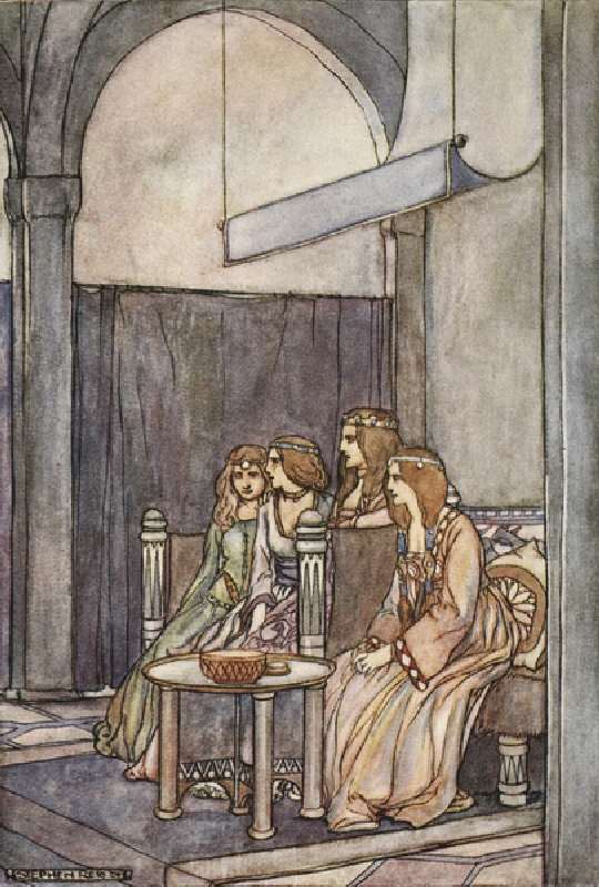 There sat the three maidens with the Queen, illustration from The High Deeds of Finn, and other Bard from Stephen Reid