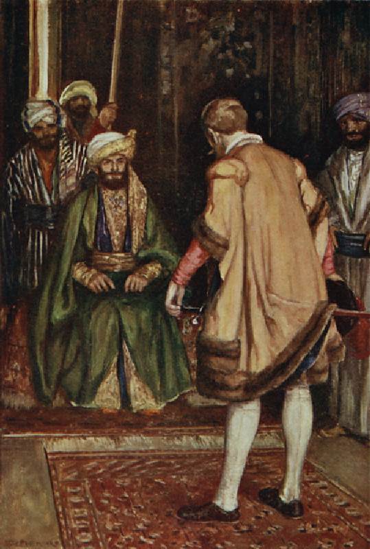 Jenkinson claims the Sultans hospitality, illustration from The Book of Discovery by T.C. Bridges, p from Stephen Reid
