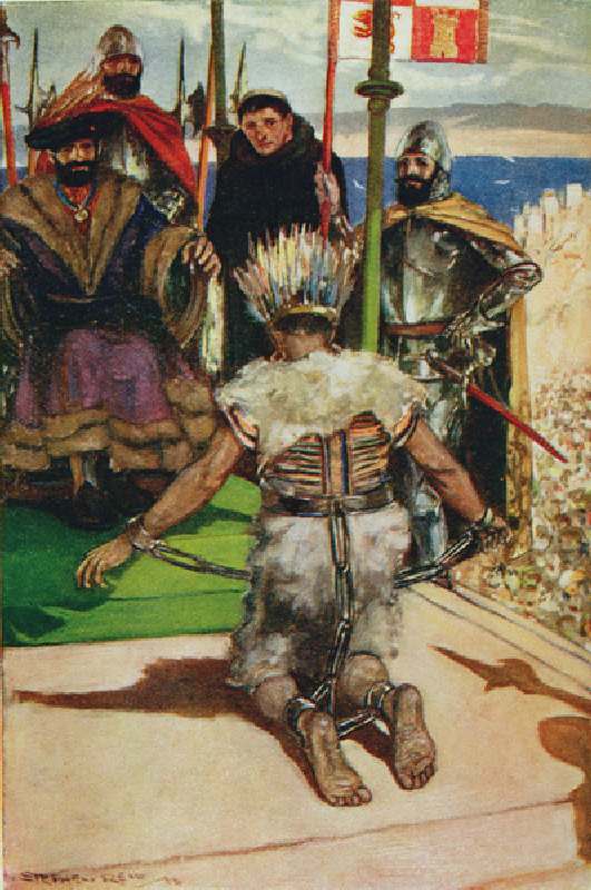Montezuma before Cortes, illustration from The Book of Discovery by T.C. Bridges, published 1931 (co from Stephen Reid