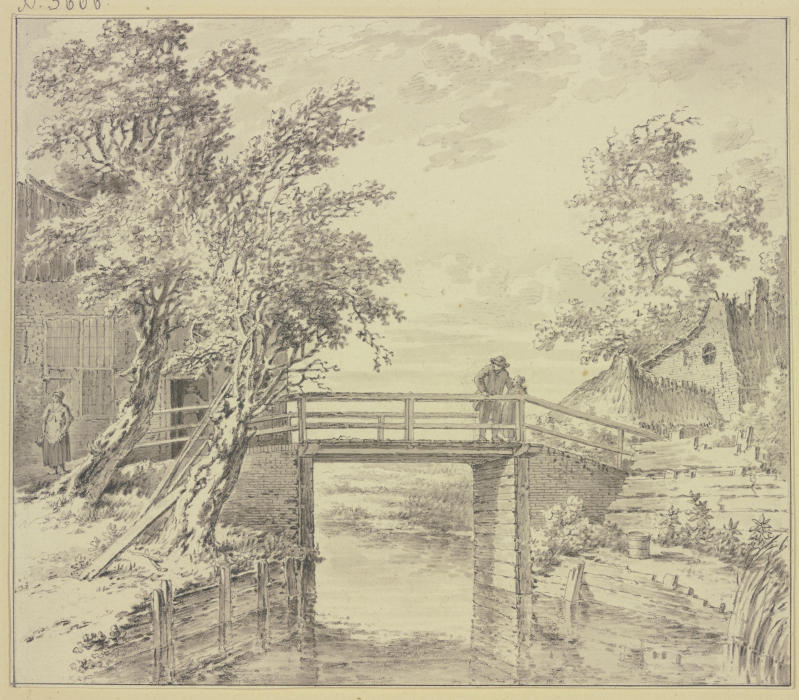 Zwischen Häusern eine Brücke über einen Kanal, auf welcher ein Mann und ein Mädchen stehen from Steven Goblé
