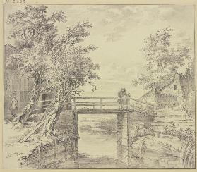 Zwischen Häusern eine Brücke über einen Kanal, auf welcher ein Mann und ein Mädchen stehen
