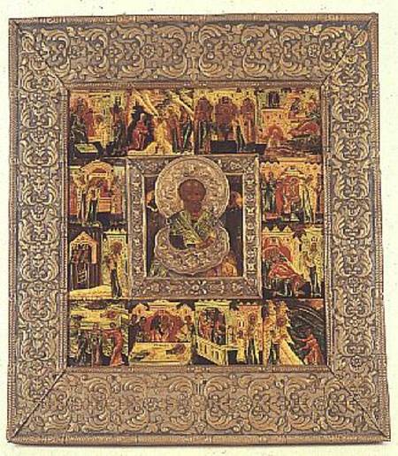 Russian icon depicting St.Nicholas, within a surround of 12 scenes from the life of Christ from Stroganov School