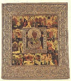 Russian icon depicting St.Nicholas, within a surround of 12 scenes from the life of Christ