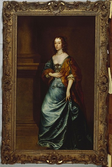 Portrait of Mary Villiers, Duchess of Lennox and Richmond, in a blue dress and brown wrap by a colum from (studio of) Sir Anthony van Dyck