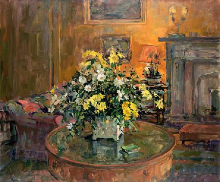 Drum Table with Yellow Flowers