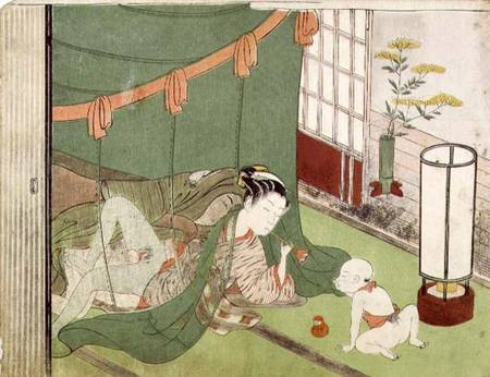 A 'Shunga', from a series of twenty four erotic prints: lovers, a man and a woman with a child looki from Suzuki Harunobu