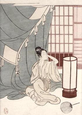 Young woman kneeling by her mosquito net, 1766 (colour woodblock print)