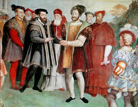The Truce of Nice between Francis I (1494-1547) and Charles V (1500-58) from the 'Sala del Consiglio from Taddeo & Federico Zuccaro or Zuccari