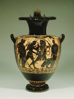 Eine attische, schwarzfigurige Amphore - Herakles und Apollo kämpfen um den Dreifuß.