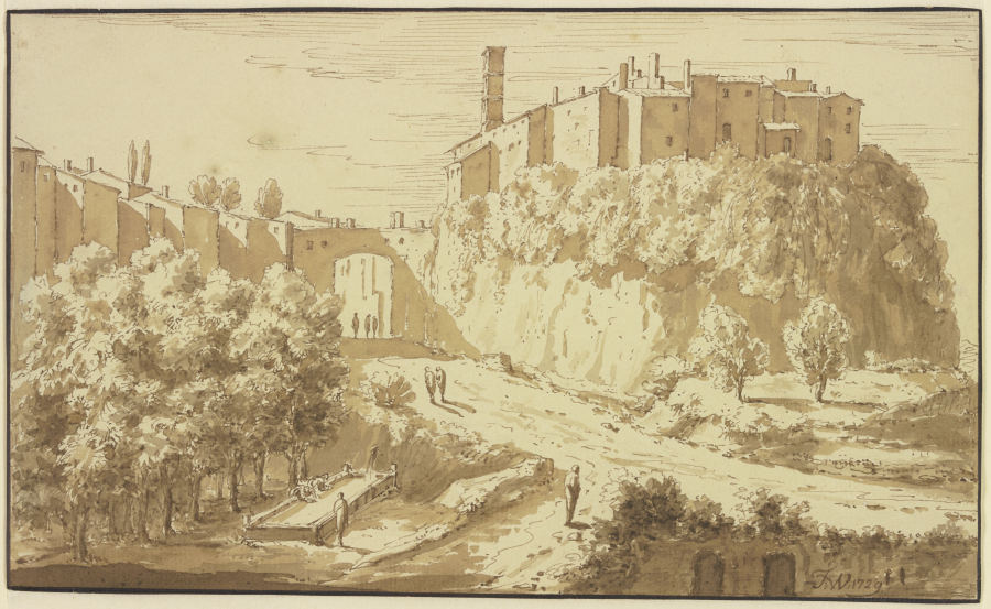 Italienische Stadt auf einem Felsen, am Fuße desselben das Stadttor, vorne Wäscherinnen from Theodoor Wilkens