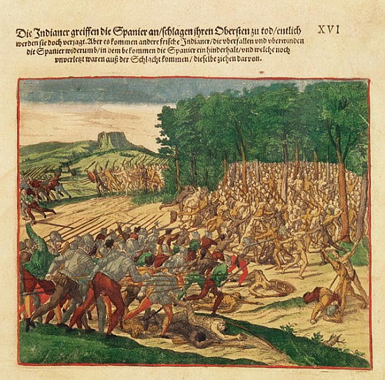 Battle between the Indians and the Spanish in which the Spanish colonel was beaten to death from Theodore de Bry