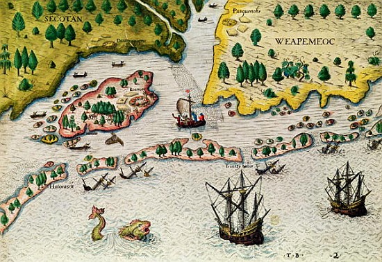The Arrival of the English in Virginia, from ''Admiranda Narratio..'', 1585-88 from Theodore de Bry