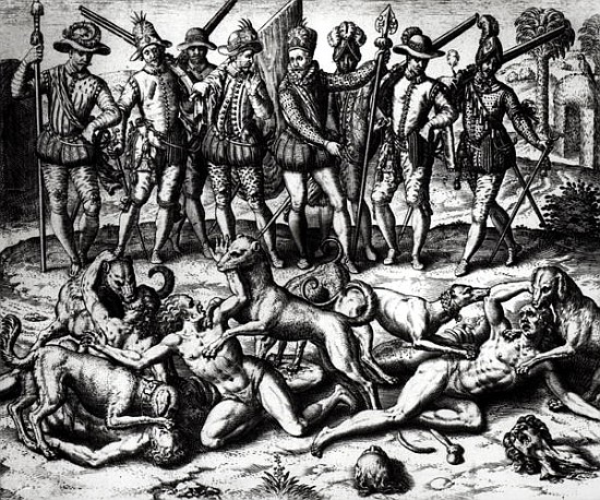 The dogs of Vasco Nunez de Balboa (1475-1571) attacking the Indians from Theodore de Bry