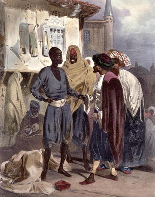 The Slave Market at Ak-Hissar, Turkey, c.1830-35 (colour litho) from Theodore Leblanc