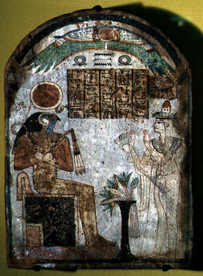 Stela depicting Tachenes praying before the god Re-Horakhty, 900 BC (painted wood) from Third Intermediate Period Egyptian