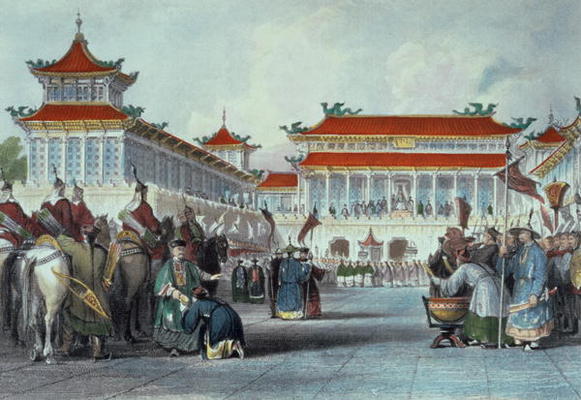 The Emperor Teaon-Kwang Reviewing his Guards, Palace of Peking, from 'China in a Series of Views' by from Thomas Allom