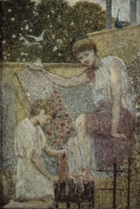 Girl holding embroidery. One of three sketches for the decoration of Bank Hall, near Chapel-on-le-Fr from Thomas Armstrong