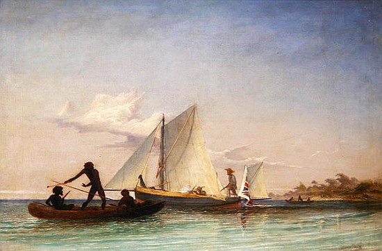 The Long Boat of the Messenger attacked Natives from Thomas Baines