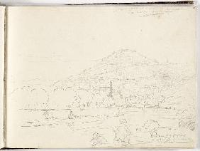 Sketch of hilltop, riverbank and figures
