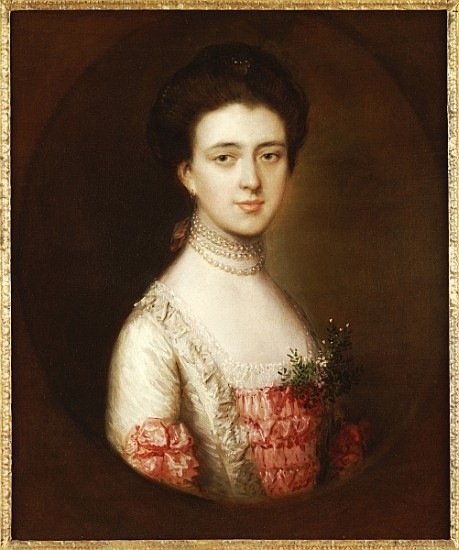 Portrait of a lady, bust length, in a pink and white dress trimmed with lace and a pearl necklace from Thomas Gainsborough