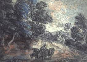 A Wooded Landscape with Horses Drinking (pastel)