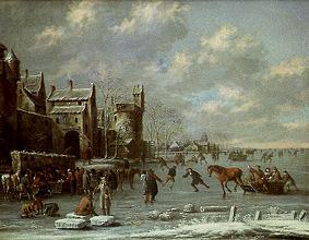 Eisläufer auf einem Kanal vor einer Stadtmauer from Thomas Heeremans